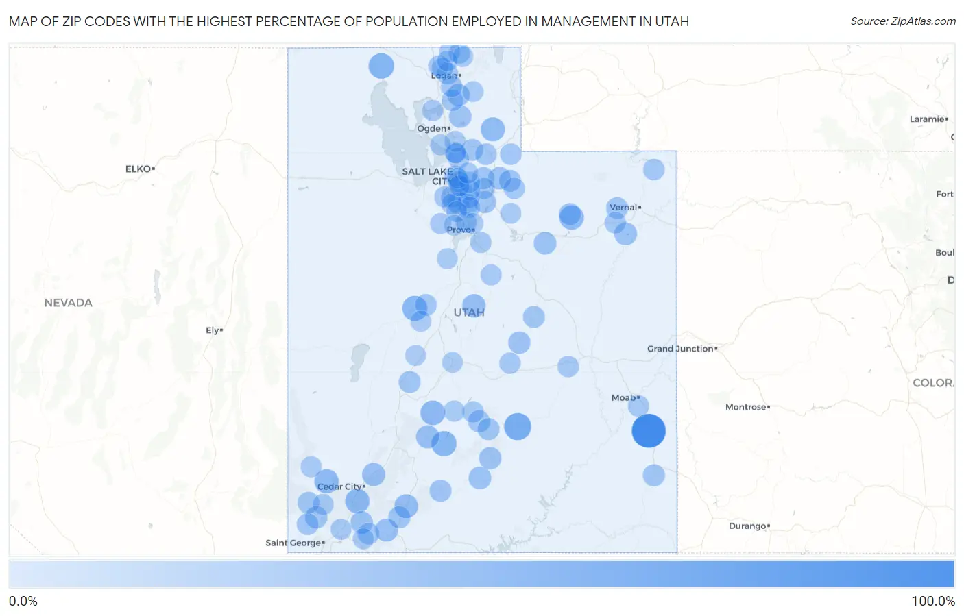 Zip Codes with the Highest Percentage of Population Employed in Management in Utah Map