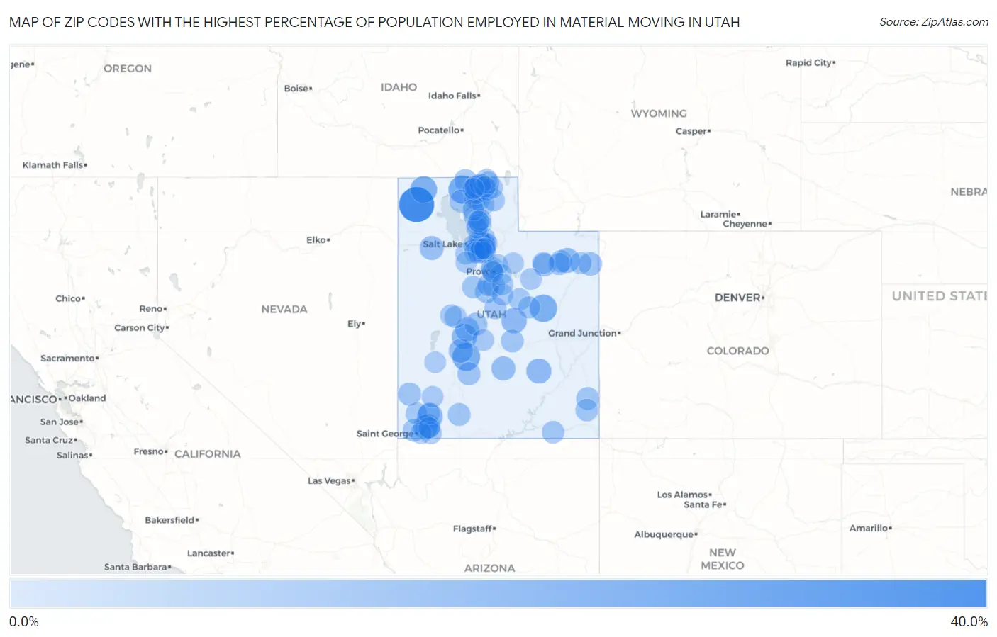 Zip Codes with the Highest Percentage of Population Employed in Material Moving in Utah Map