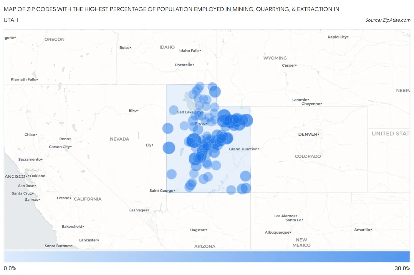 Zip Codes with the Highest Percentage of Population Employed in Mining, Quarrying, & Extraction in Utah Map
