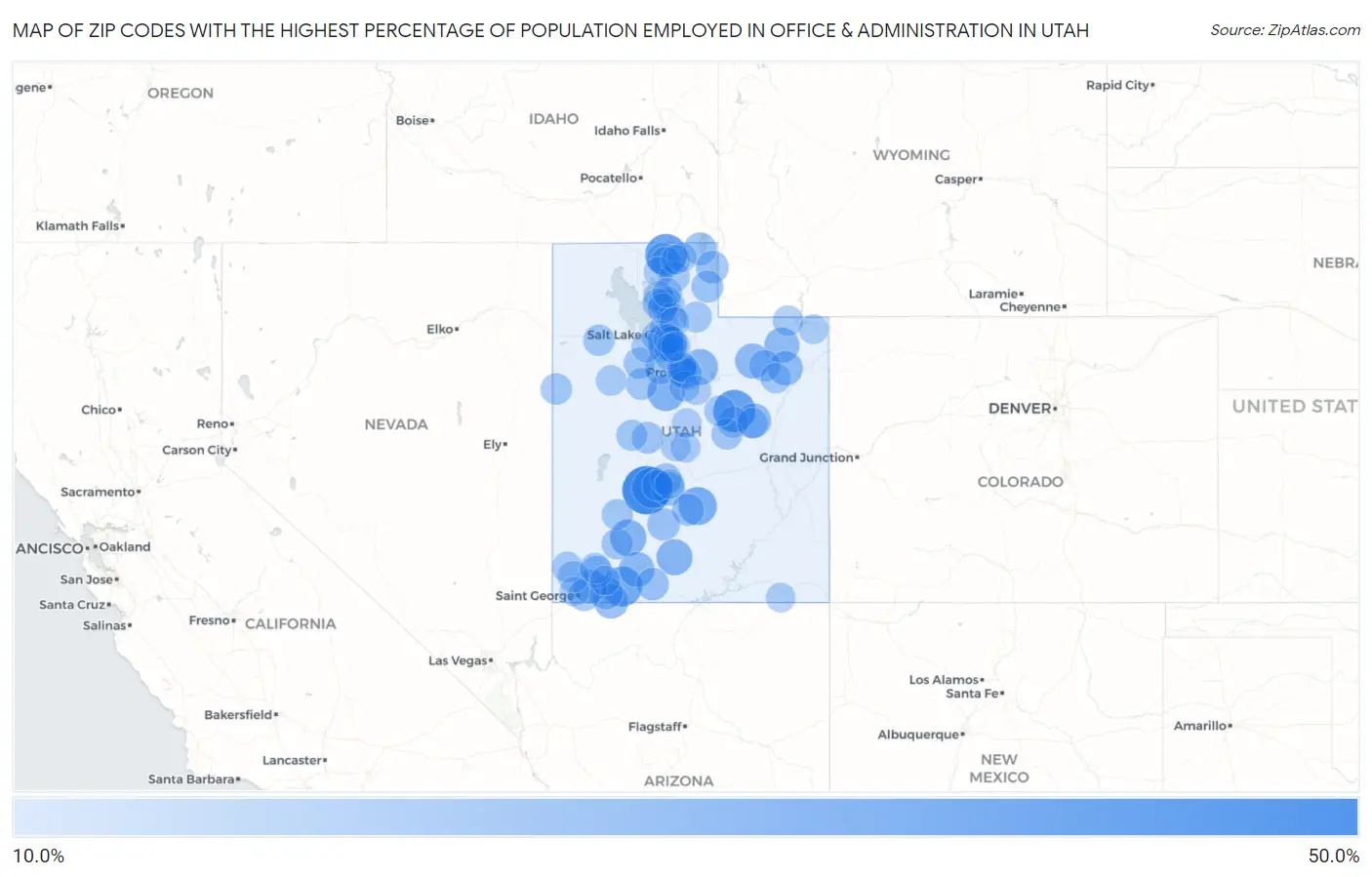 Zip Codes with the Highest Percentage of Population Employed in Office & Administration in Utah Map