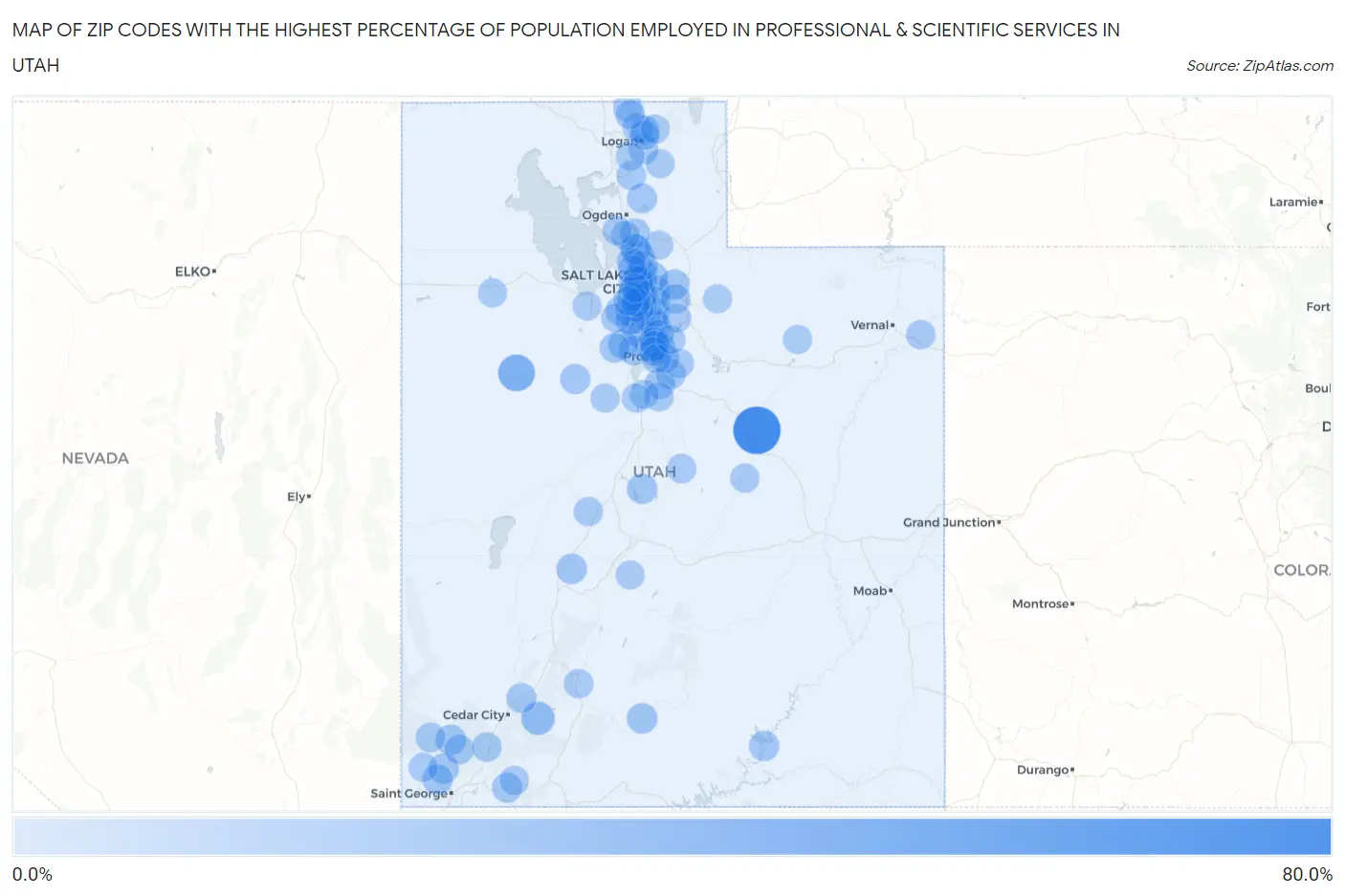 Zip Codes with the Highest Percentage of Population Employed in Professional & Scientific Services in Utah Map