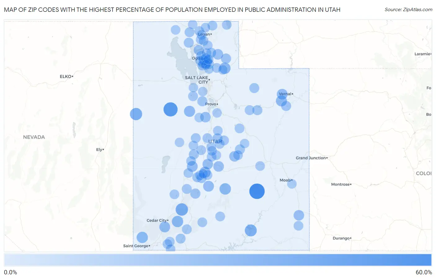 Zip Codes with the Highest Percentage of Population Employed in Public Administration in Utah Map