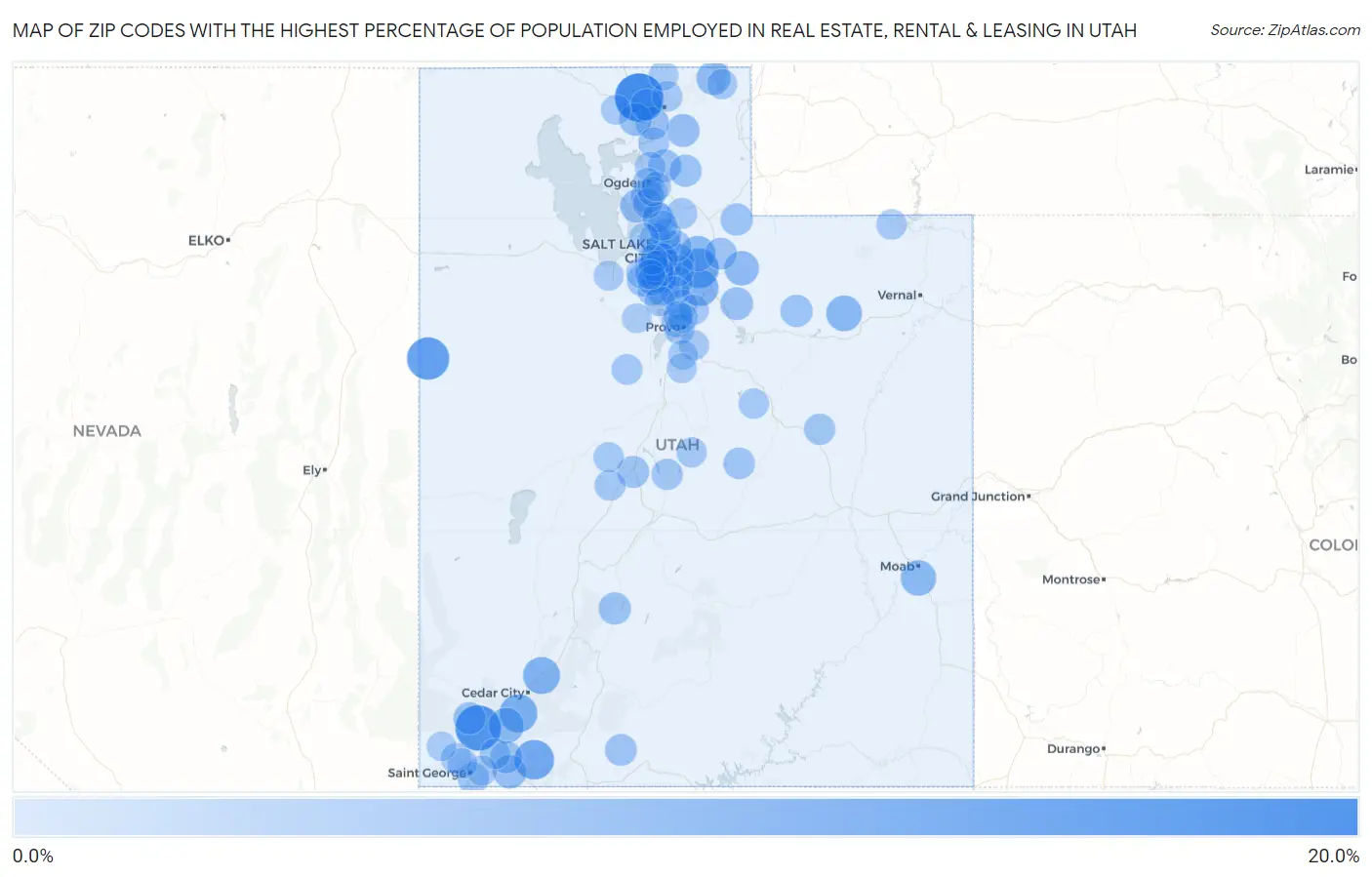 Zip Codes with the Highest Percentage of Population Employed in Real Estate, Rental & Leasing in Utah Map
