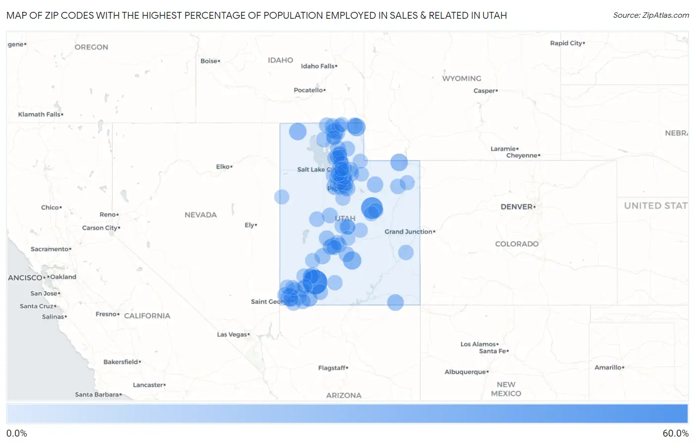 Zip Codes with the Highest Percentage of Population Employed in Sales & Related in Utah Map