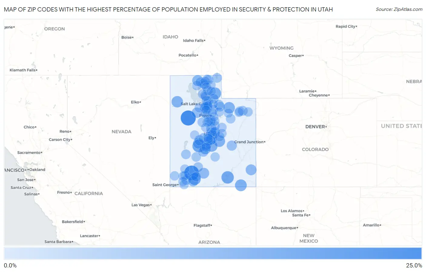 Zip Codes with the Highest Percentage of Population Employed in Security & Protection in Utah Map