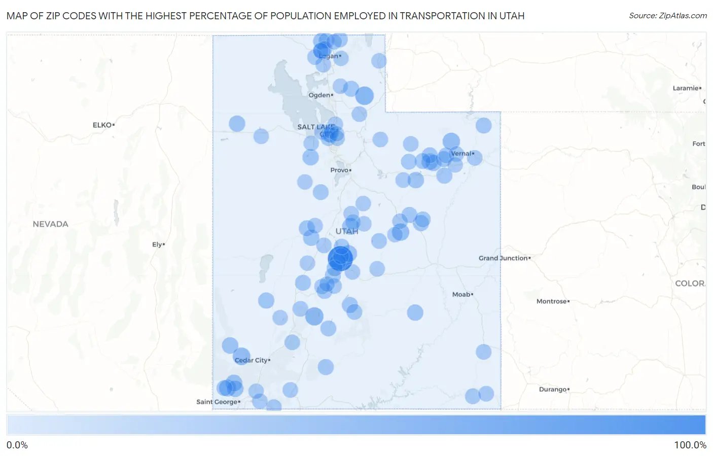 Zip Codes with the Highest Percentage of Population Employed in Transportation in Utah Map