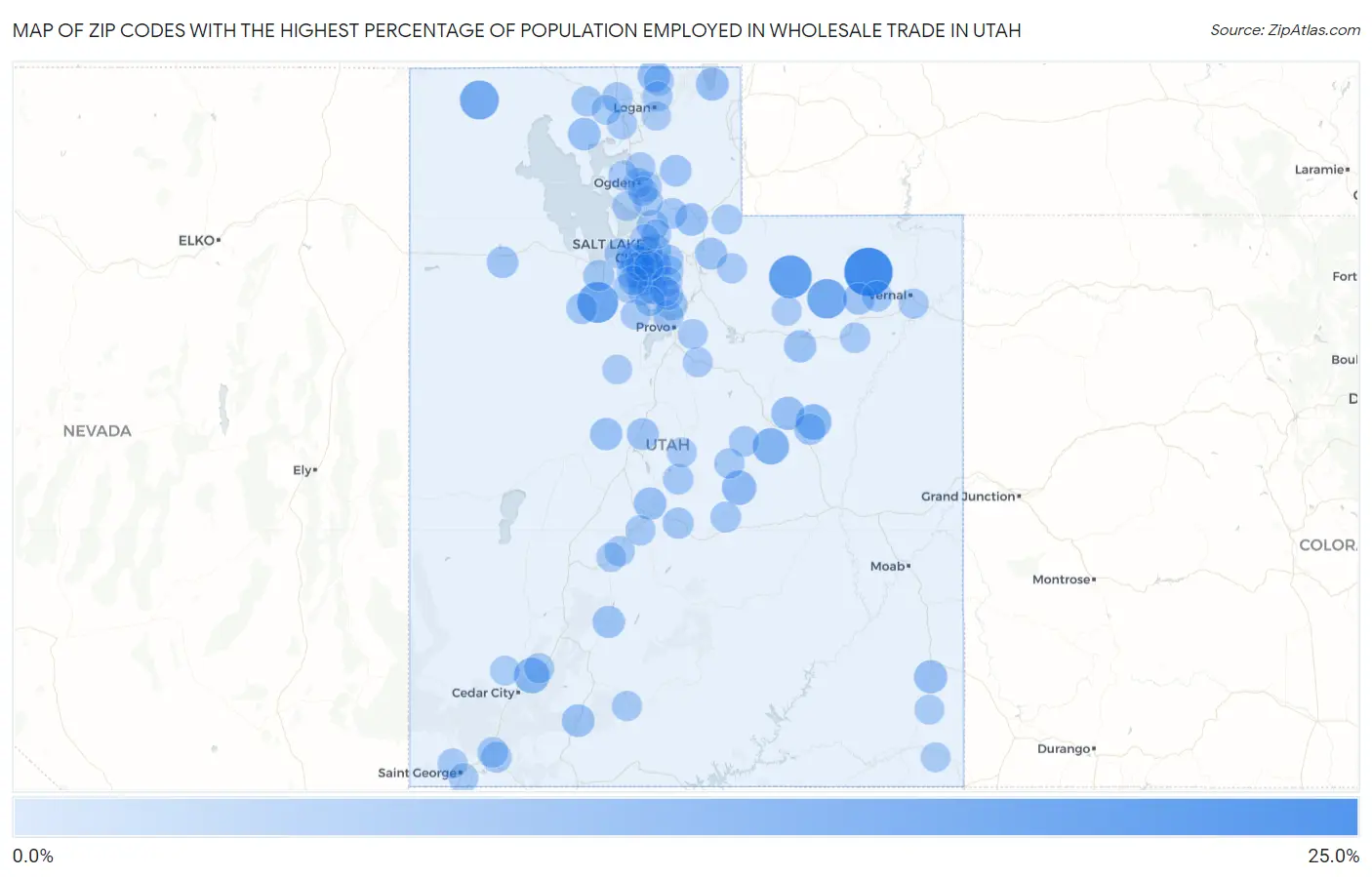 Zip Codes with the Highest Percentage of Population Employed in Wholesale Trade in Utah Map