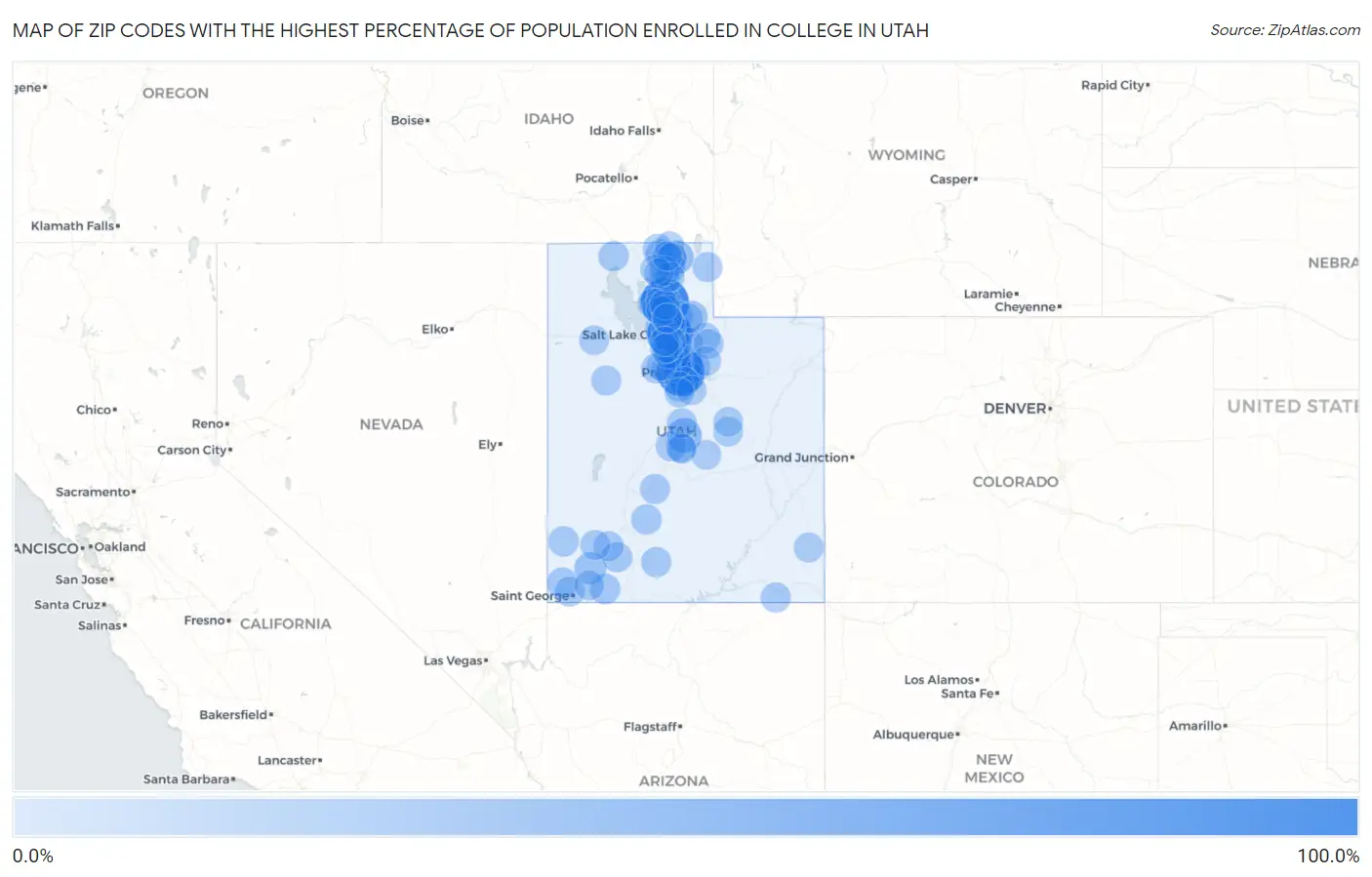 Zip Codes with the Highest Percentage of Population Enrolled in College in Utah Map