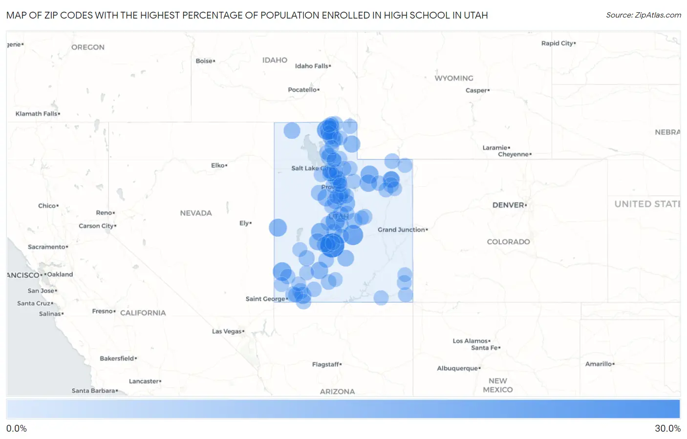 Zip Codes with the Highest Percentage of Population Enrolled in High School in Utah Map
