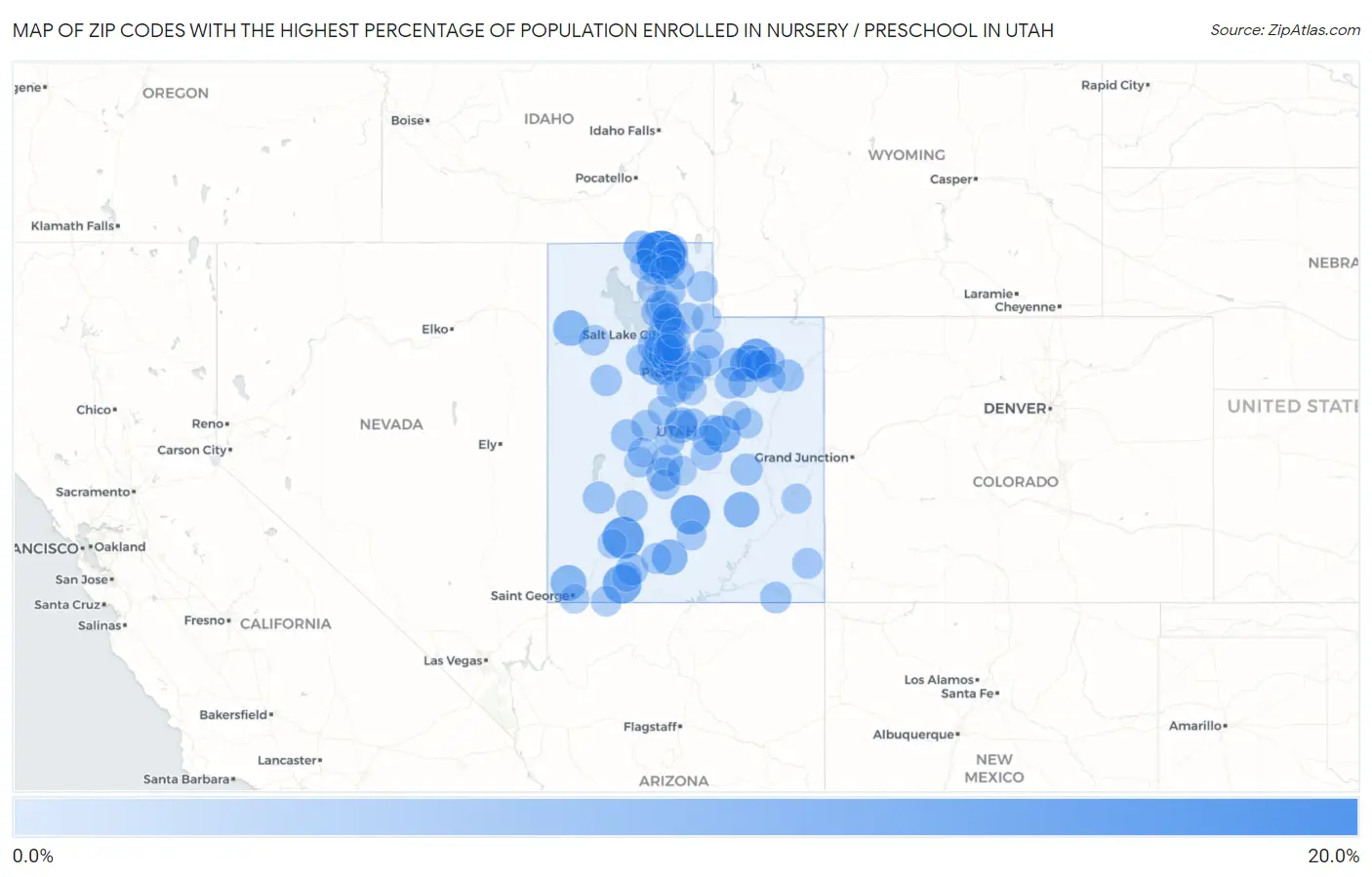 Zip Codes with the Highest Percentage of Population Enrolled in Nursery / Preschool in Utah Map