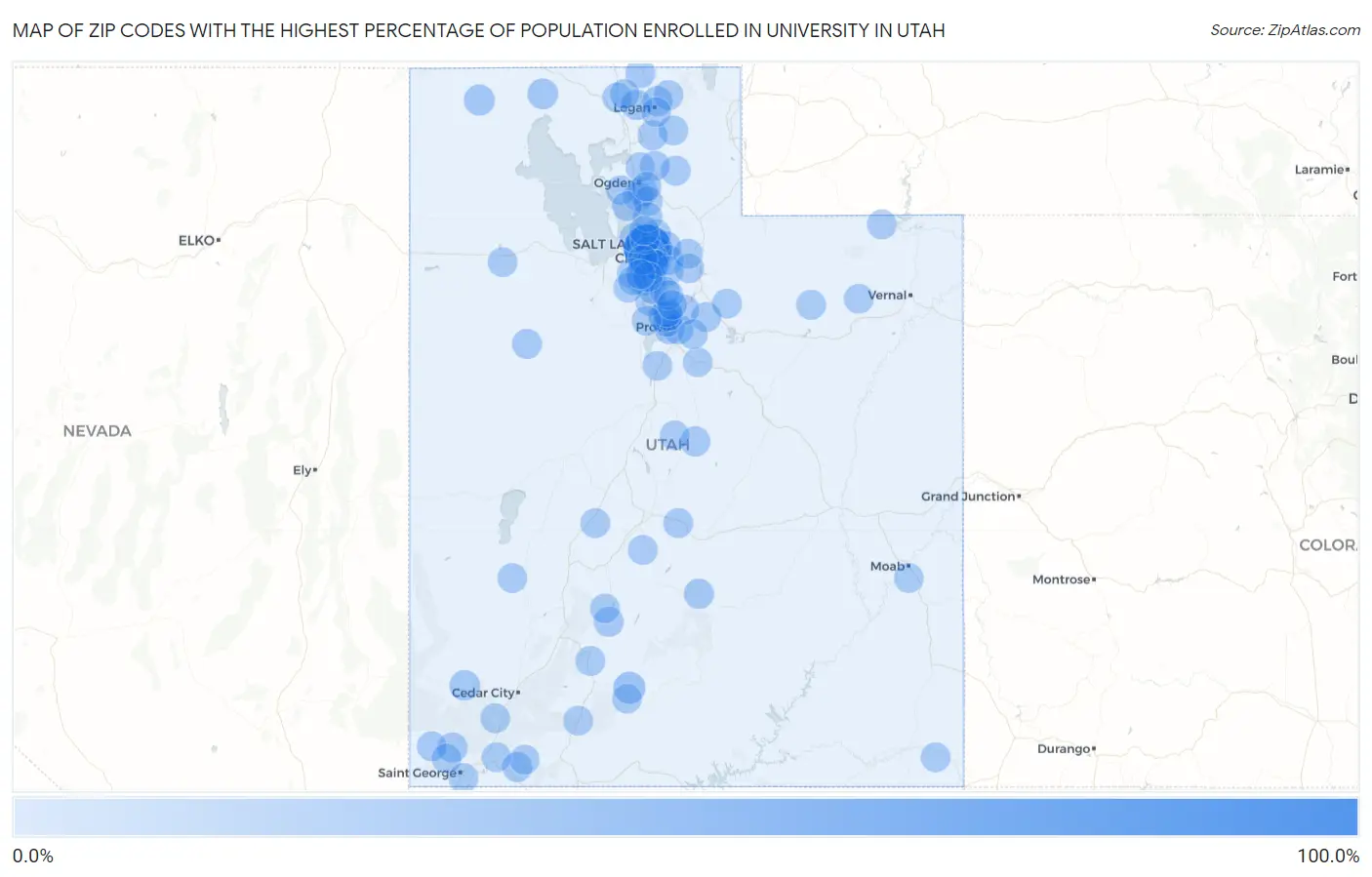 Zip Codes with the Highest Percentage of Population Enrolled in University in Utah Map