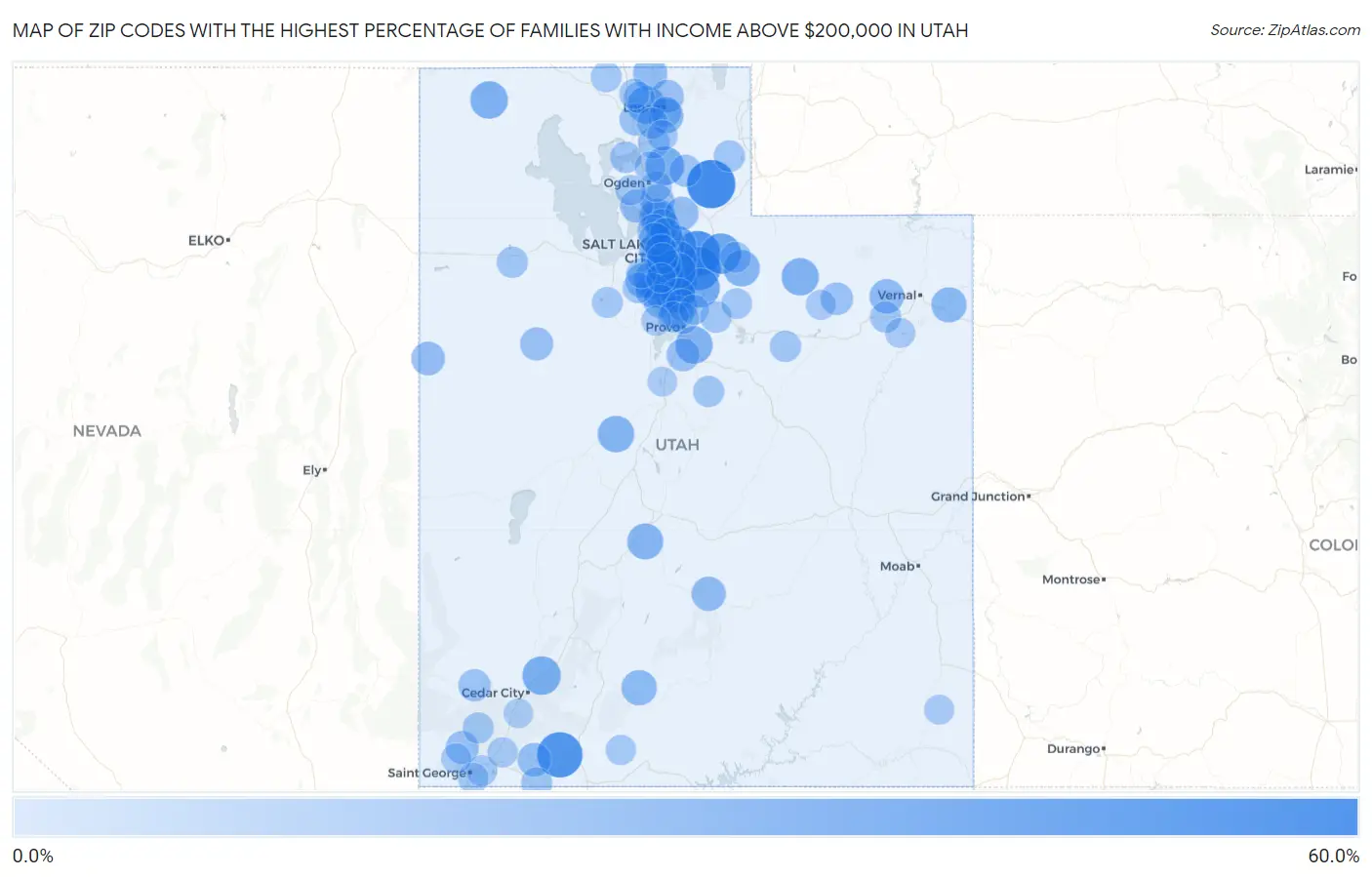 Zip Codes with the Highest Percentage of Families with Income Above $200,000 in Utah Map