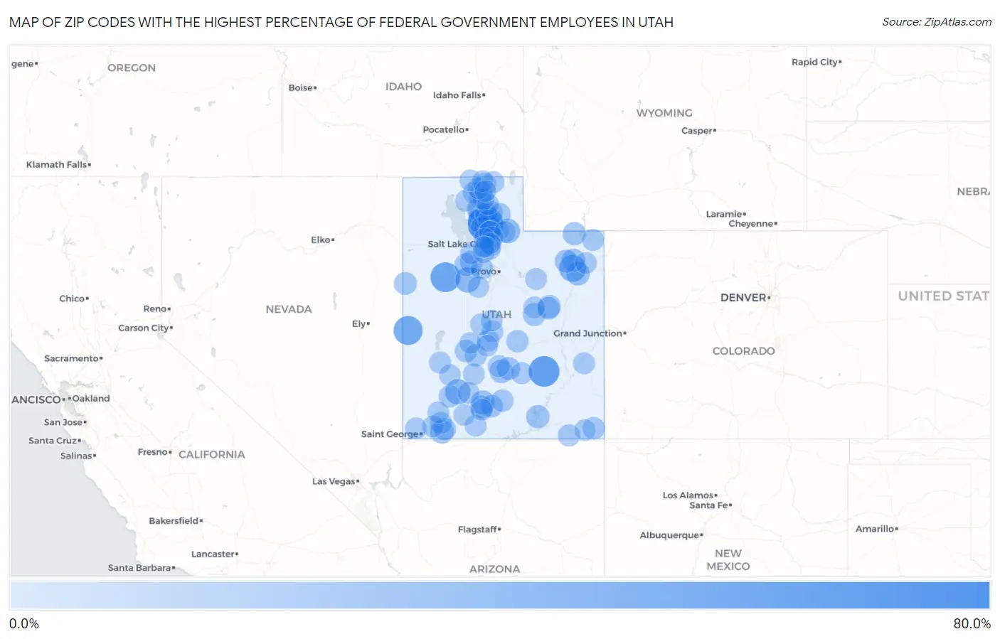 Zip Codes with the Highest Percentage of Federal Government Employees in Utah Map