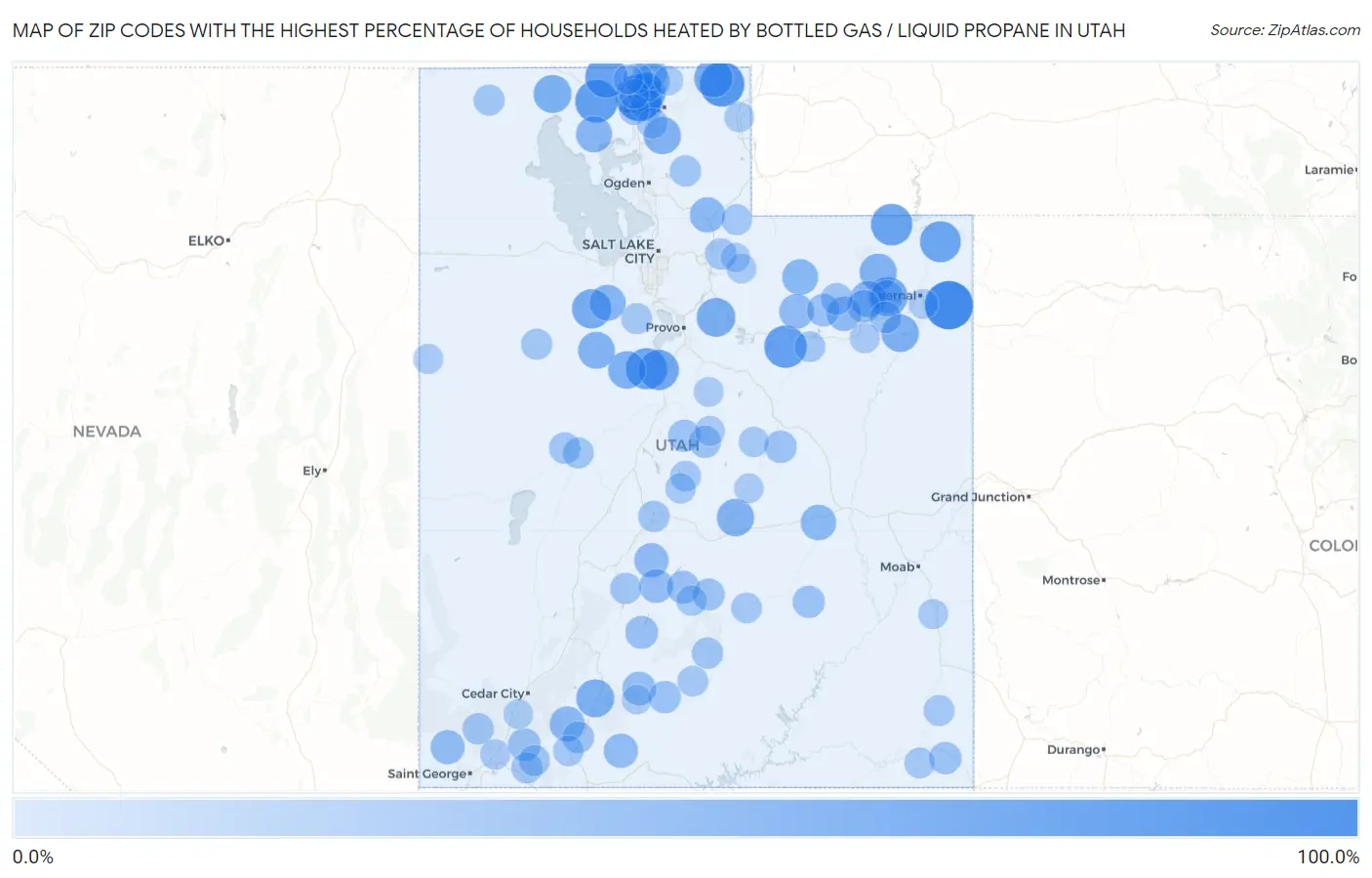 Zip Codes with the Highest Percentage of Households Heated by Bottled Gas / Liquid Propane in Utah Map