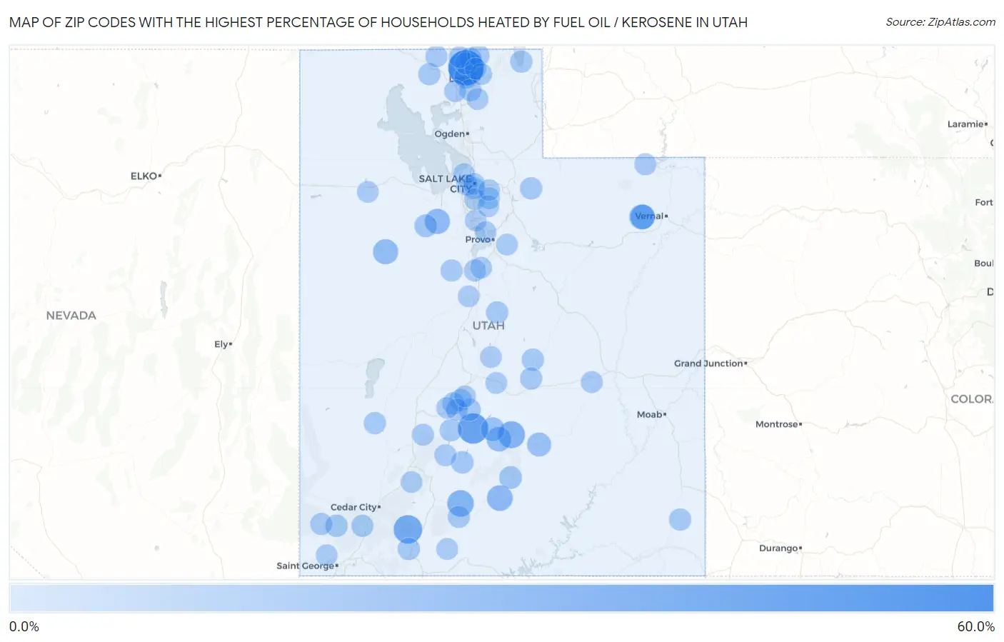 Zip Codes with the Highest Percentage of Households Heated by Fuel Oil / Kerosene in Utah Map