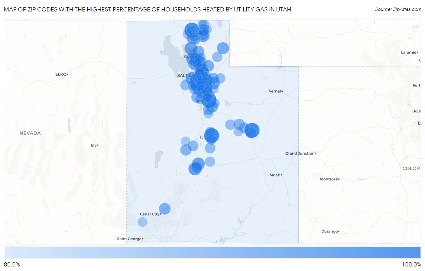 Zip Codes with the Highest Percentage of Households Heated by Utility Gas in Utah Map