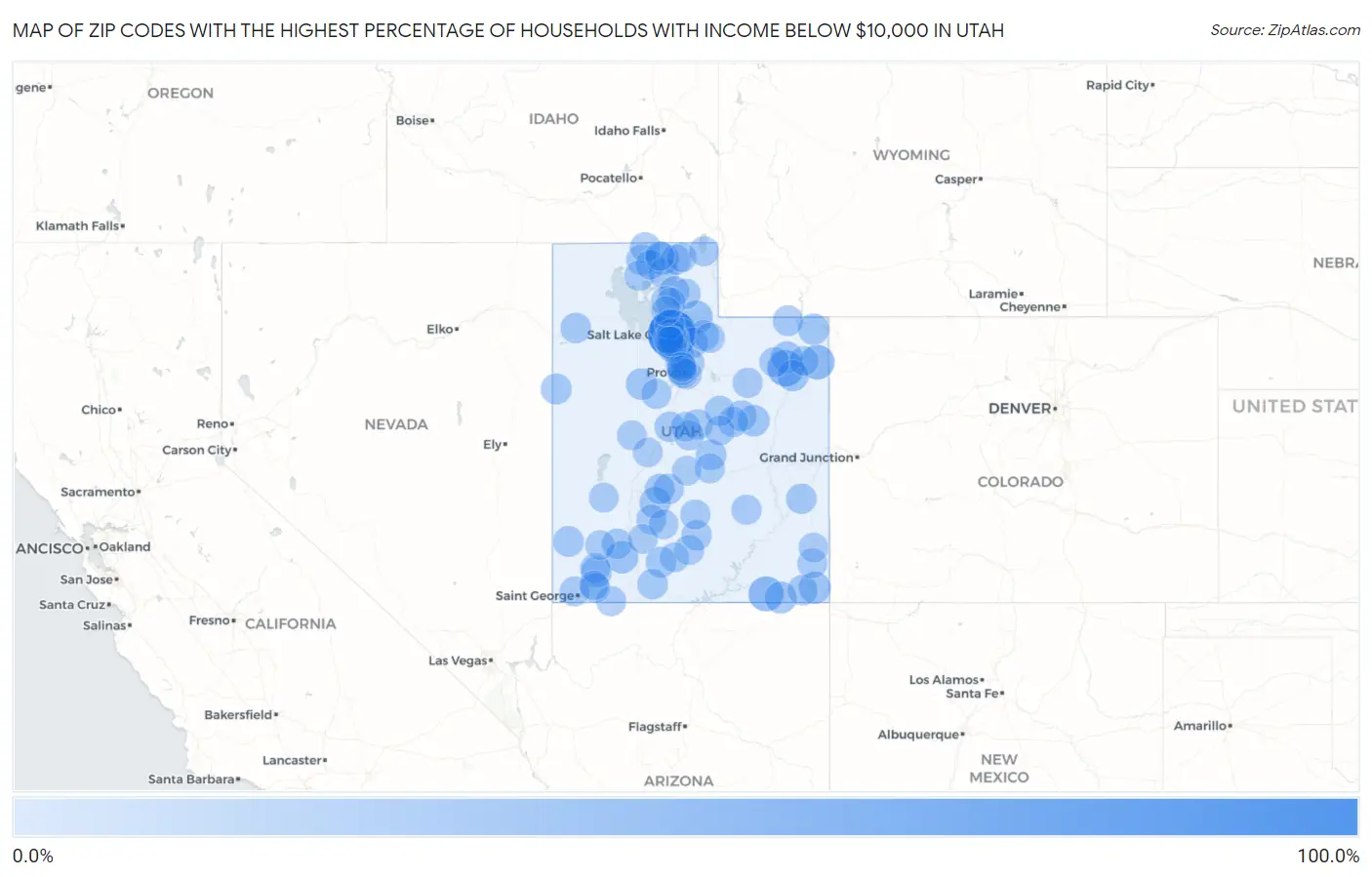 Zip Codes with the Highest Percentage of Households with Income Below $10,000 in Utah Map