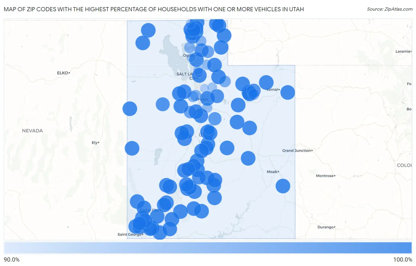 Zip Codes with the Highest Percentage of Households With One or more Vehicles in Utah Map