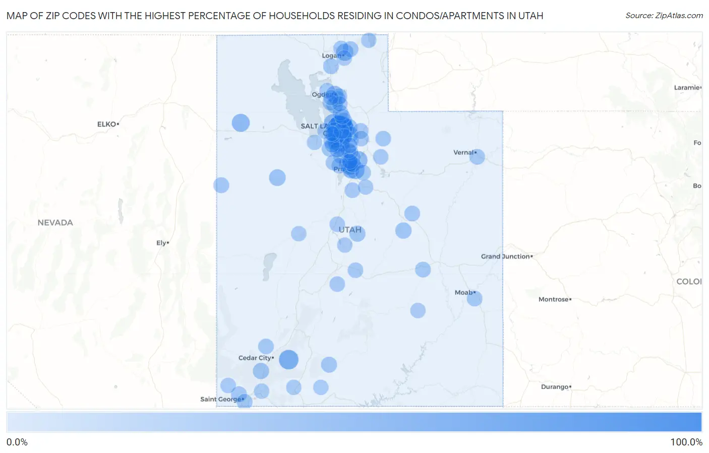 Zip Codes with the Highest Percentage of Households Residing in Condos/Apartments in Utah Map