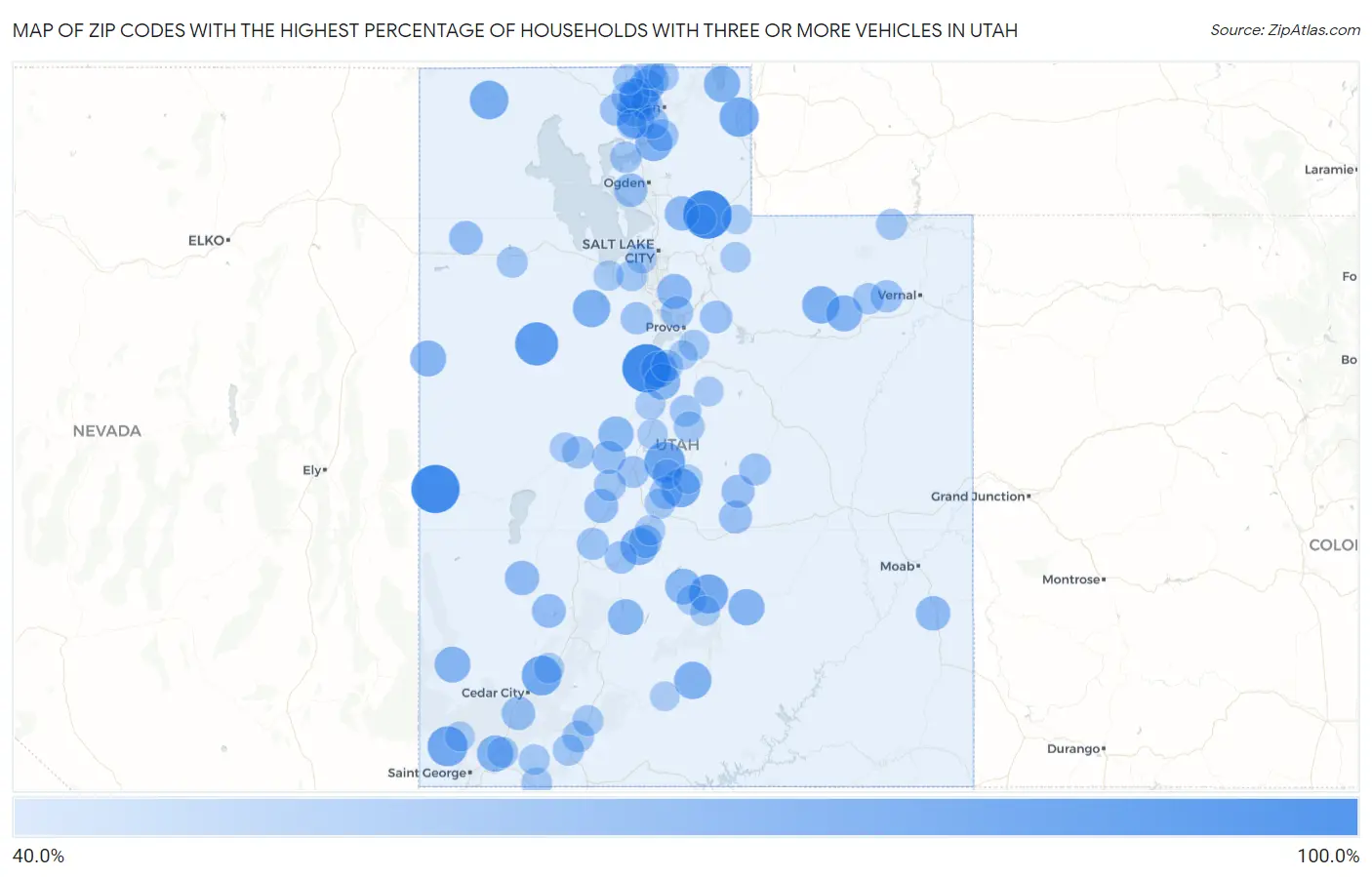 Zip Codes with the Highest Percentage of Households With Three or more Vehicles in Utah Map