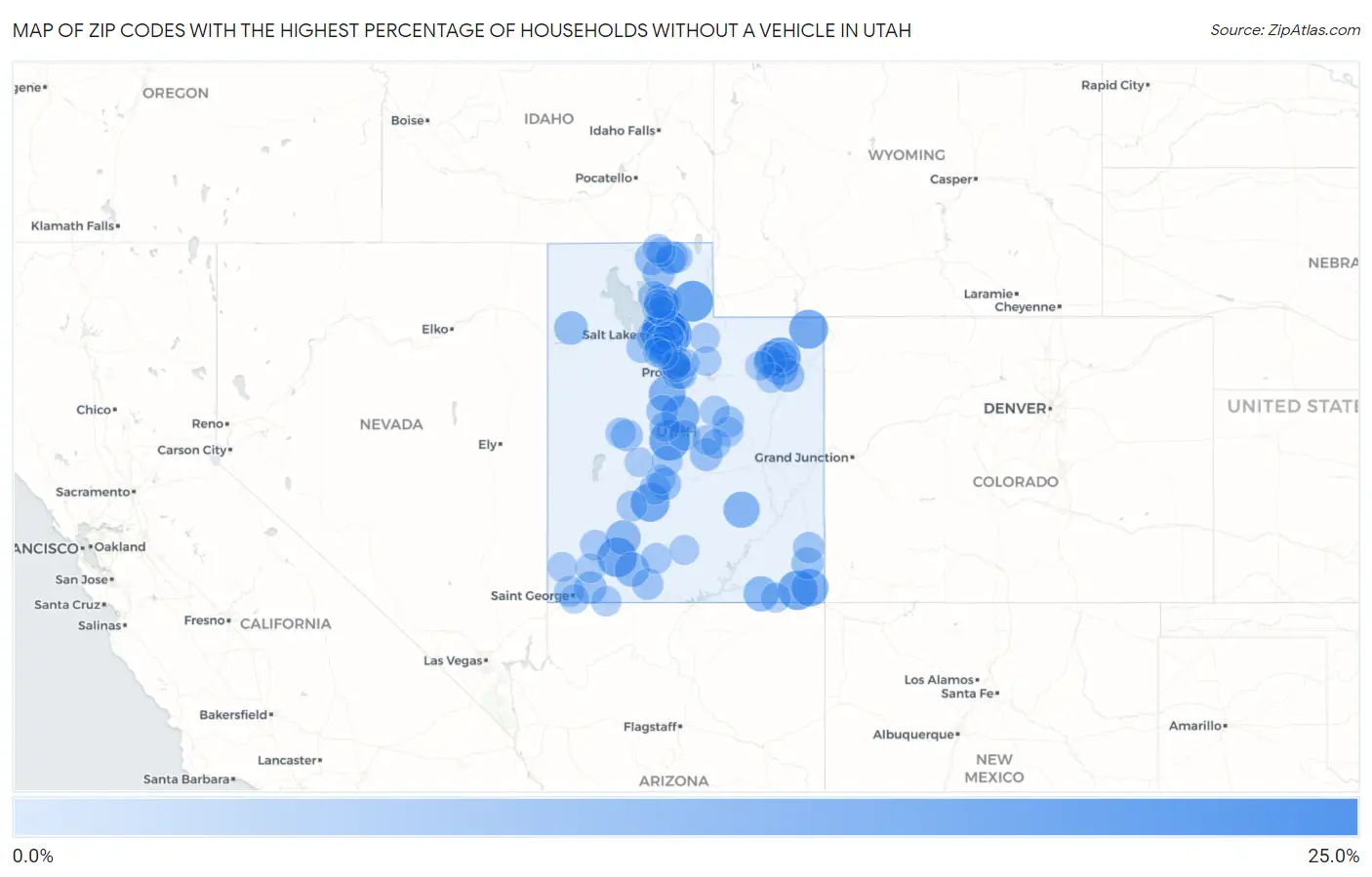 Zip Codes with the Highest Percentage of Households Without a Vehicle in Utah Map