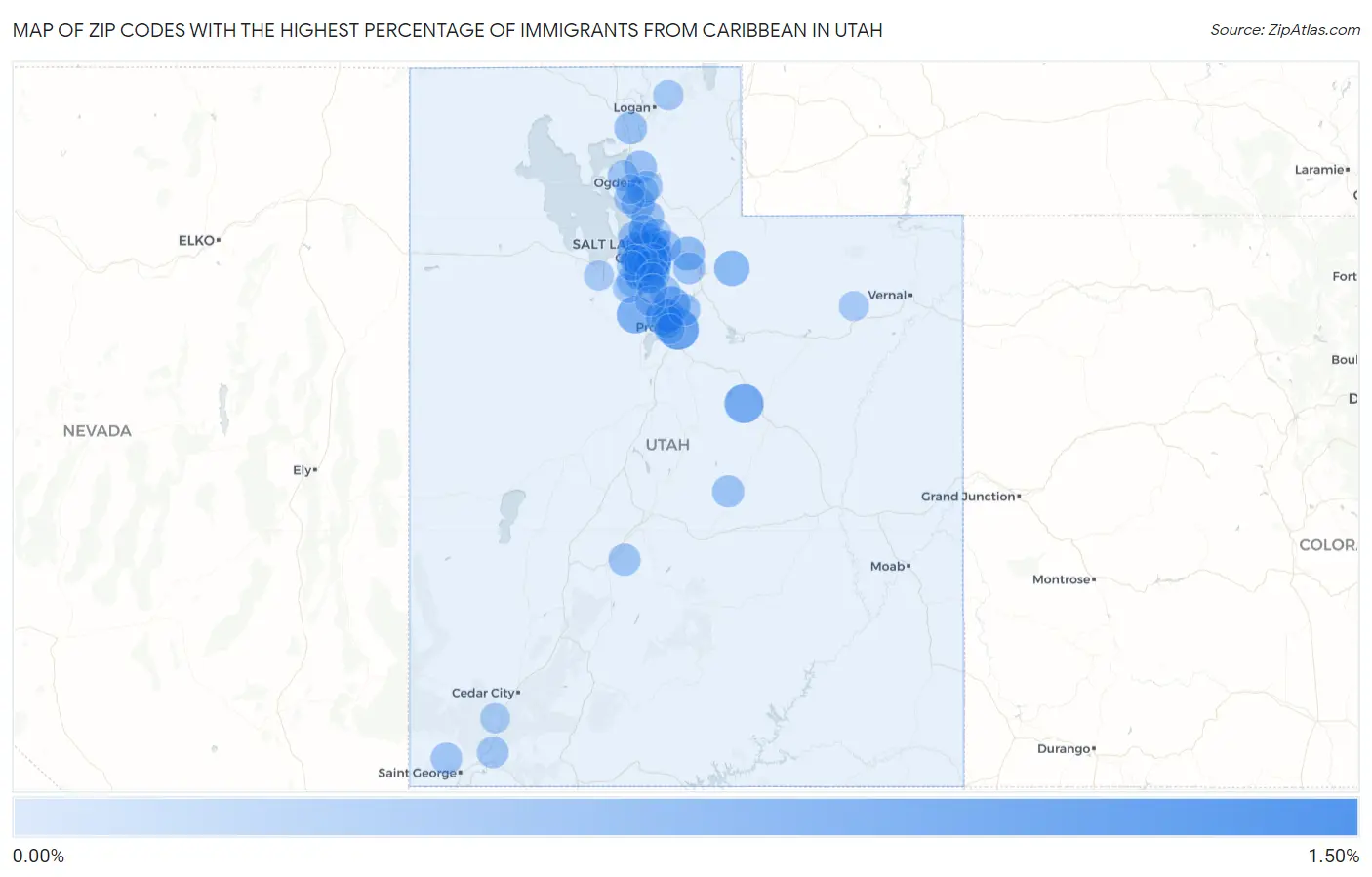 Zip Codes with the Highest Percentage of Immigrants from Caribbean in Utah Map