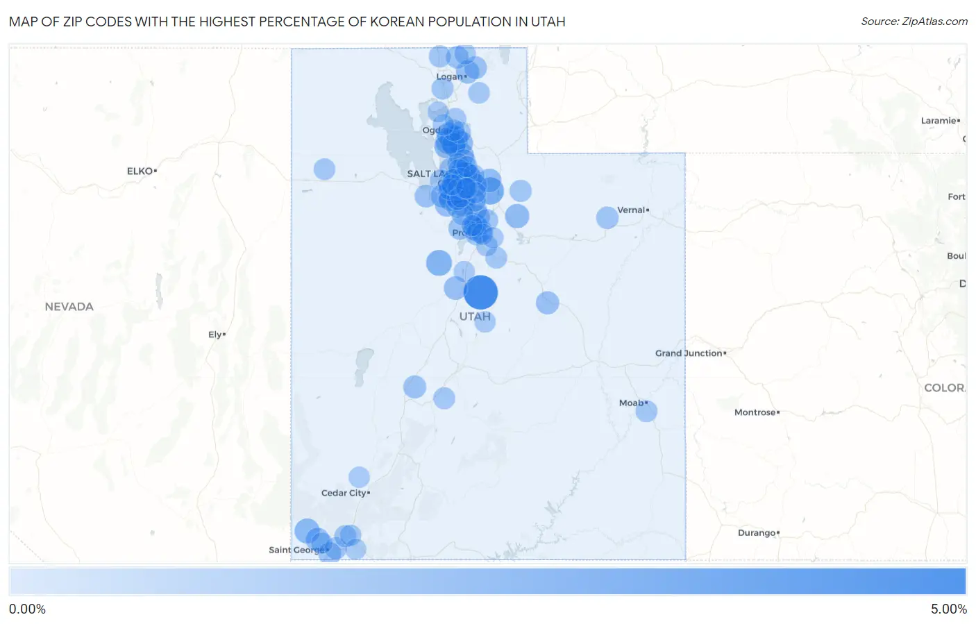 Zip Codes with the Highest Percentage of Korean Population in Utah Map