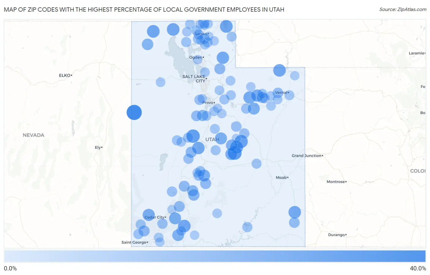 Zip Codes with the Highest Percentage of Local Government Employees in Utah Map