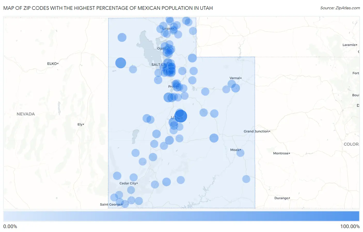 Zip Codes with the Highest Percentage of Mexican Population in Utah Map