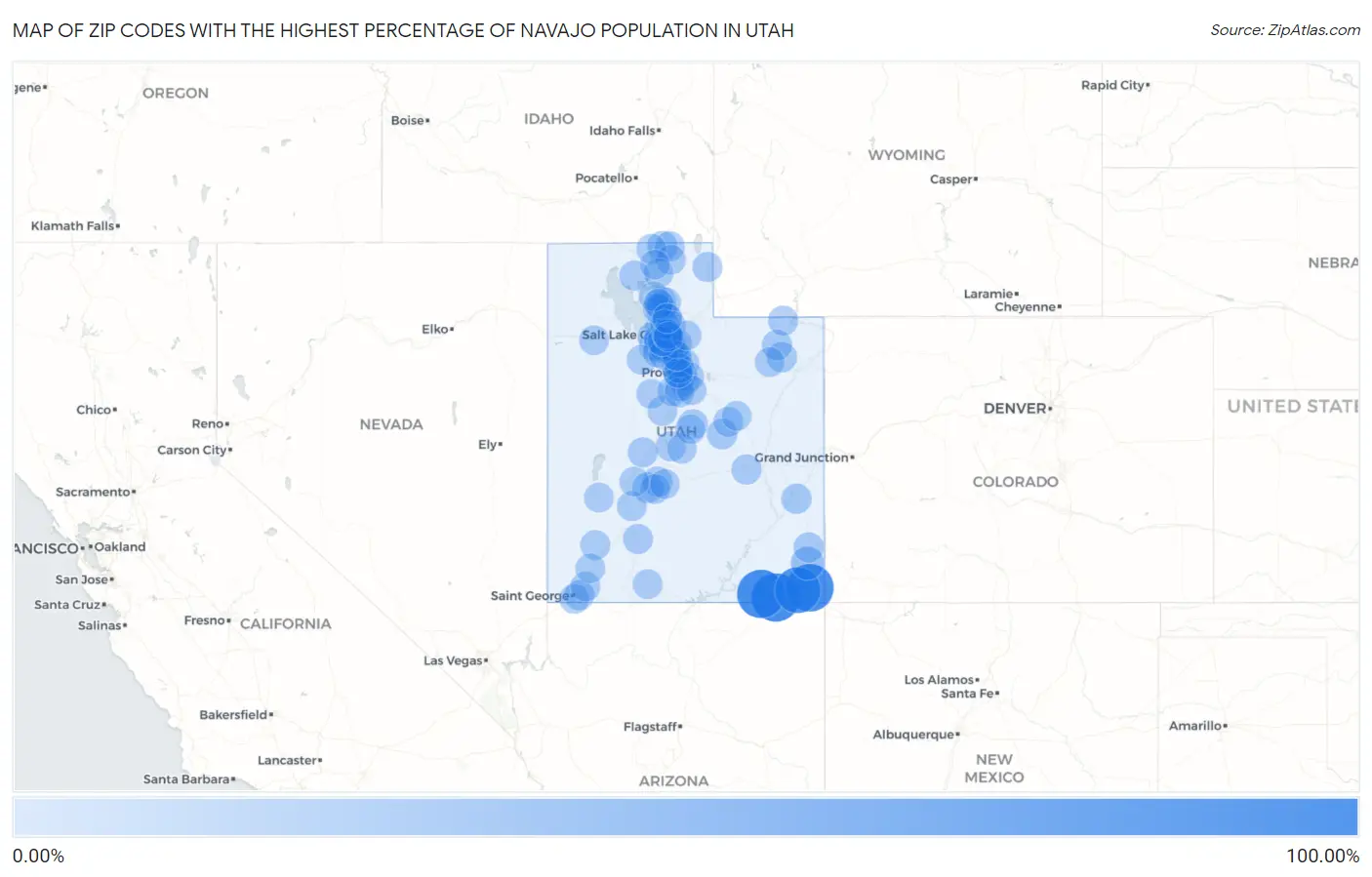 Zip Codes with the Highest Percentage of Navajo Population in Utah Map