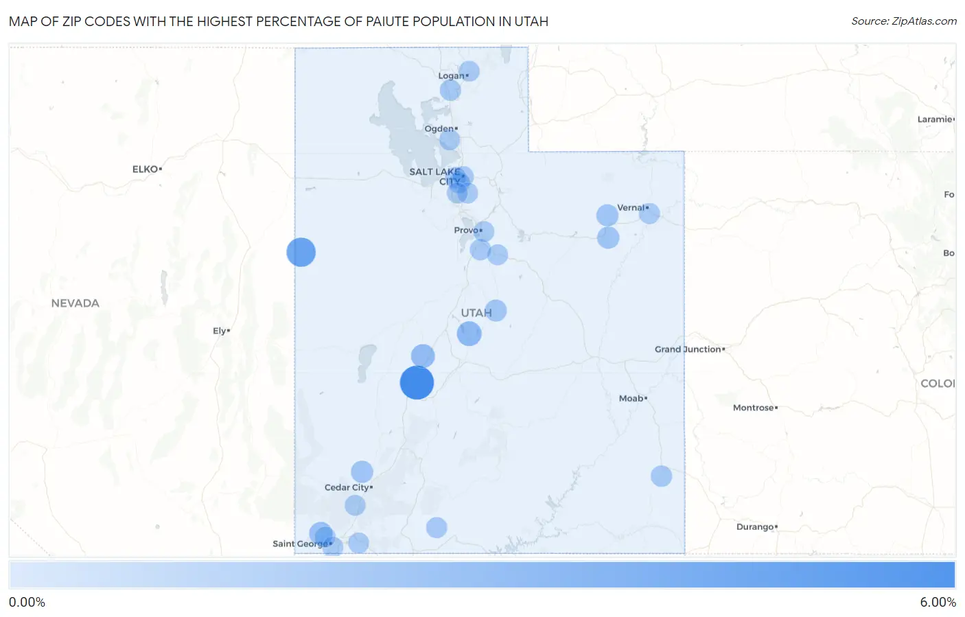 Zip Codes with the Highest Percentage of Paiute Population in Utah Map