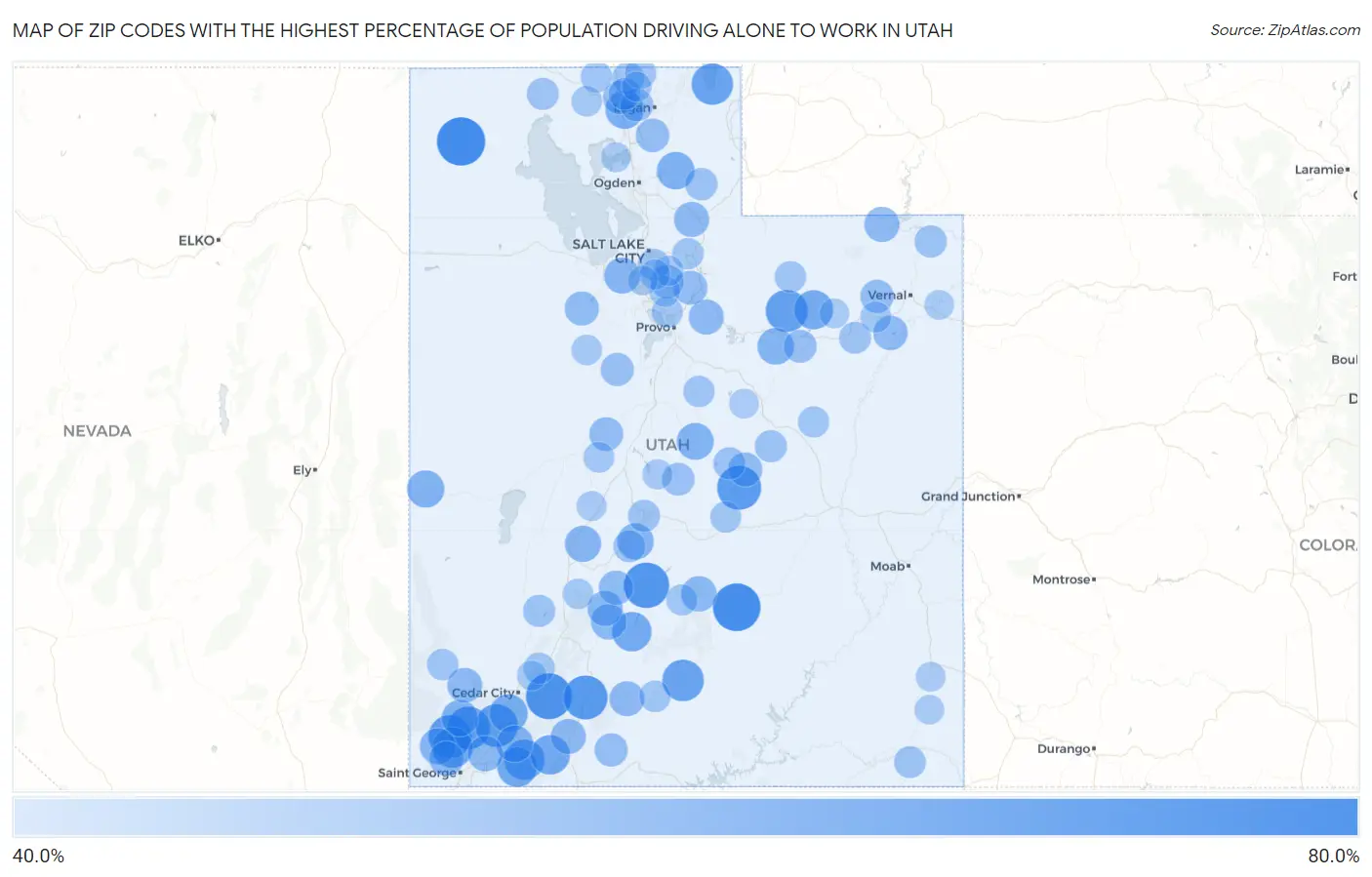 Zip Codes with the Highest Percentage of Population Driving Alone to Work in Utah Map