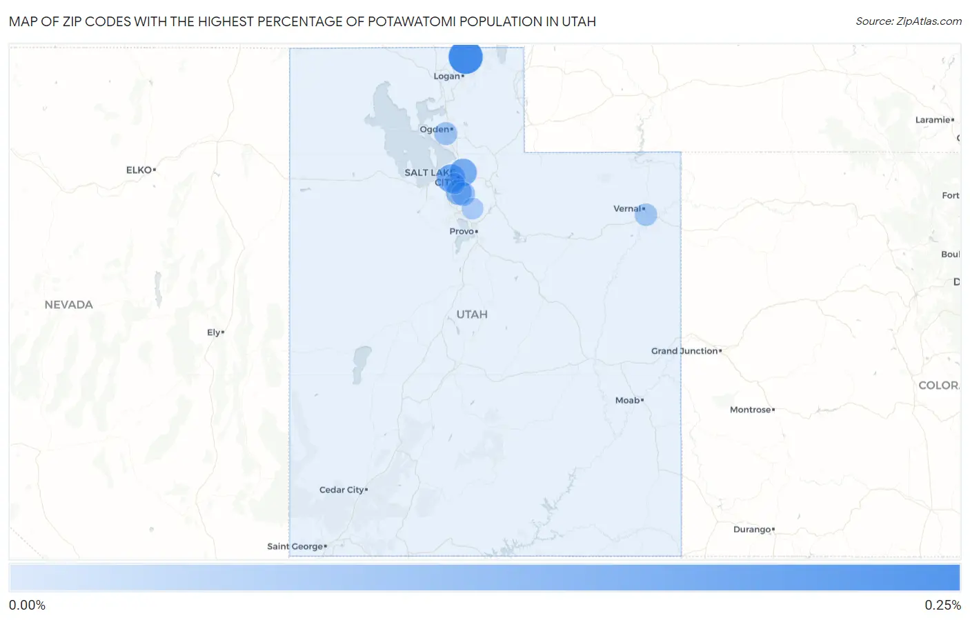 Zip Codes with the Highest Percentage of Potawatomi Population in Utah Map
