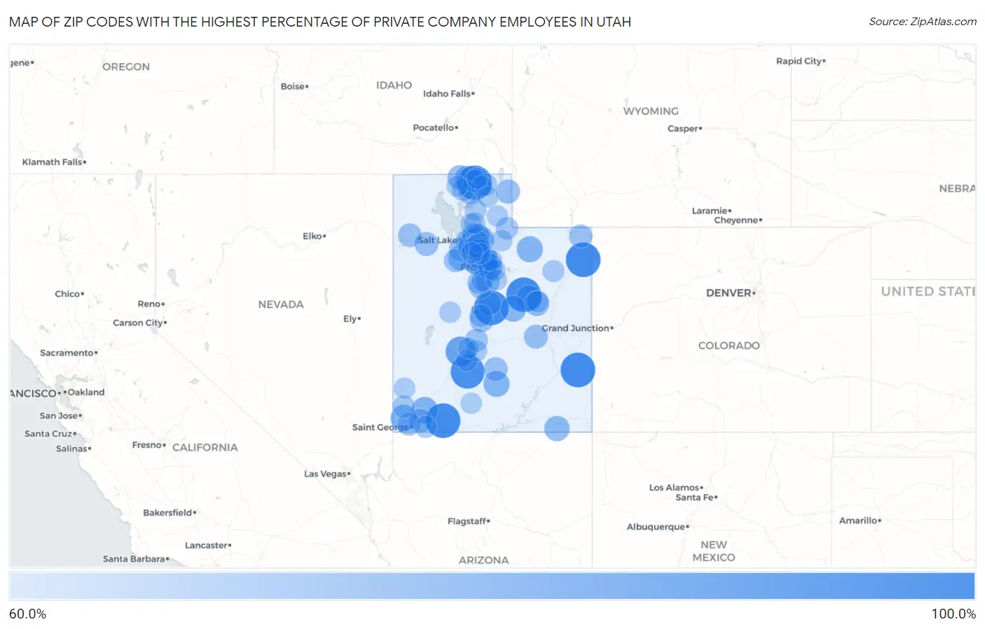 Zip Codes with the Highest Percentage of Private Company Employees in Utah Map