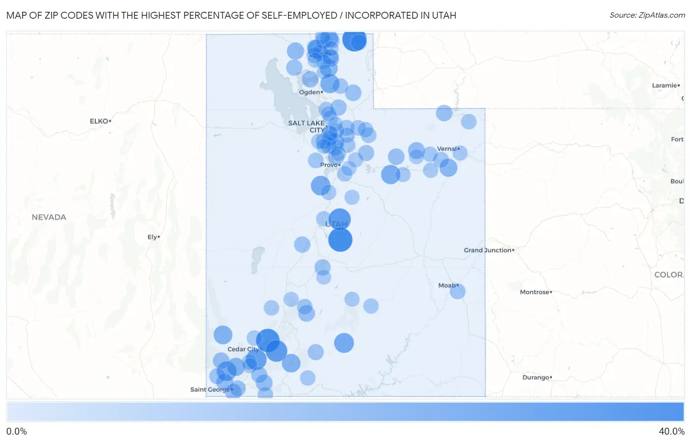 Zip Codes with the Highest Percentage of Self-Employed / Incorporated in Utah Map
