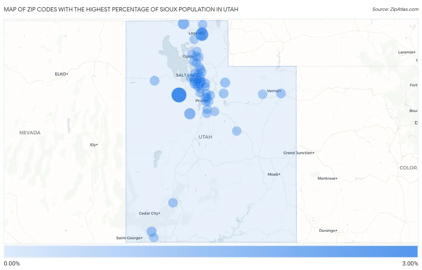 Zip Codes with the Highest Percentage of Sioux Population in Utah Map