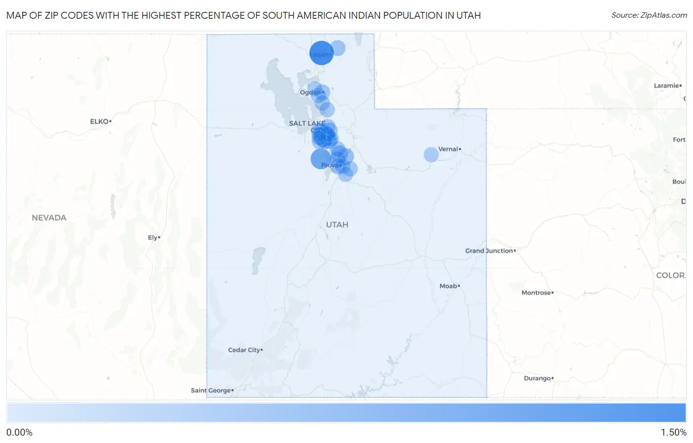 Zip Codes with the Highest Percentage of South American Indian Population in Utah Map