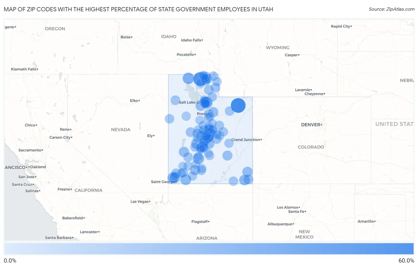 Zip Codes with the Highest Percentage of State Government Employees in Utah Map