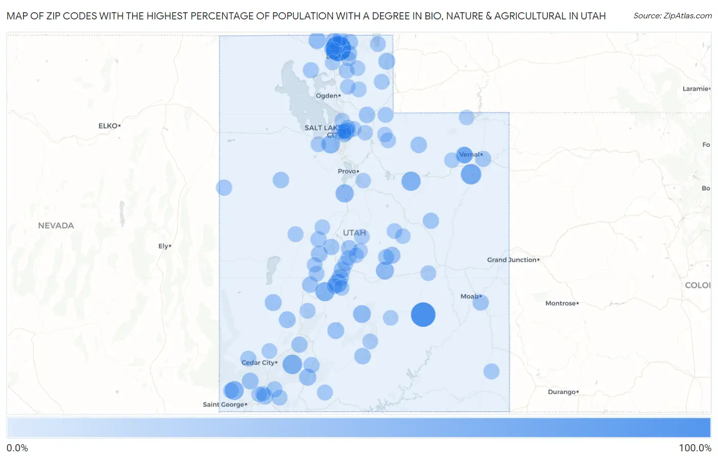 Zip Codes with the Highest Percentage of Population with a Degree in Bio, Nature & Agricultural in Utah Map