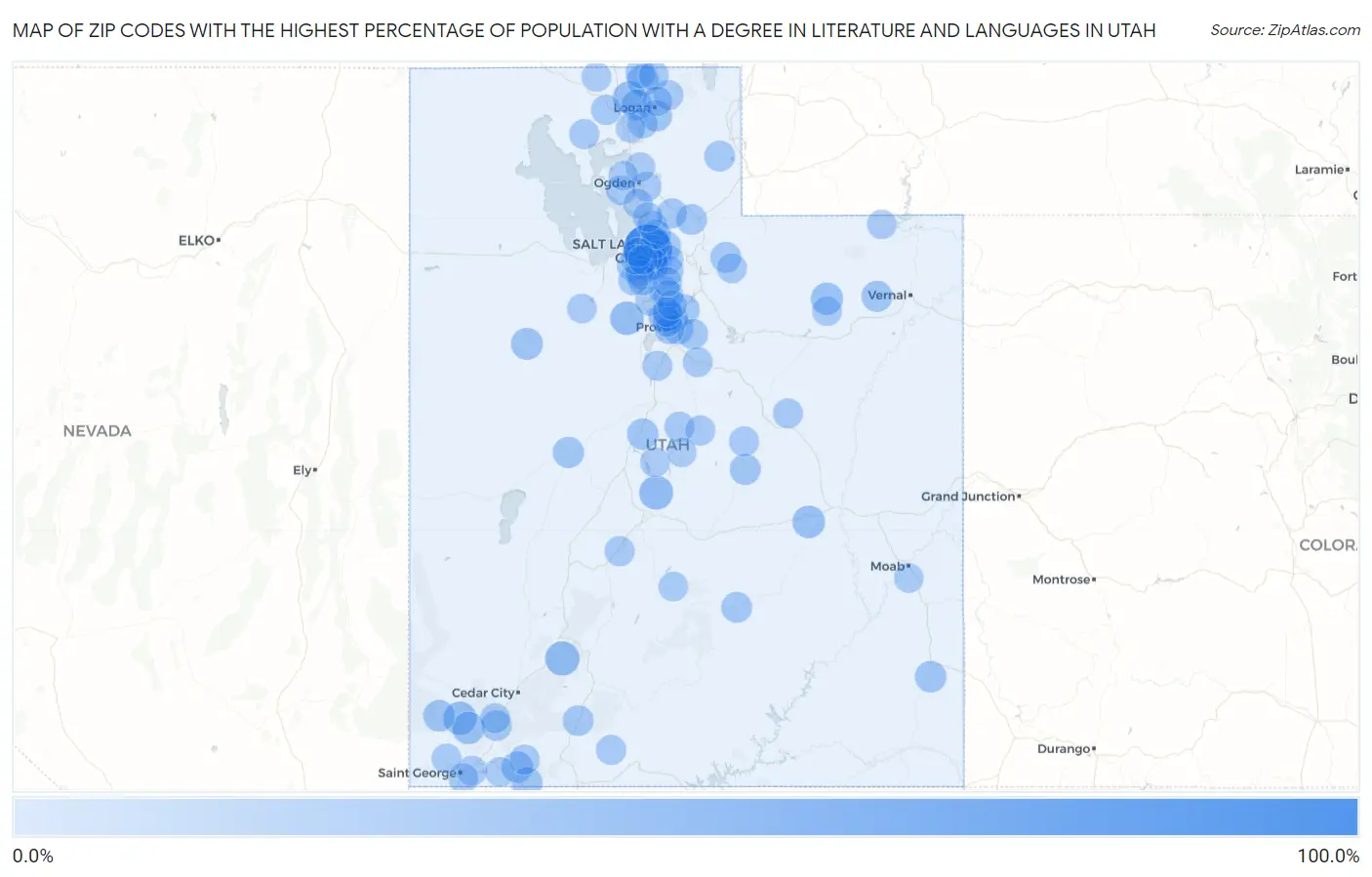 Zip Codes with the Highest Percentage of Population with a Degree in Literature and Languages in Utah Map