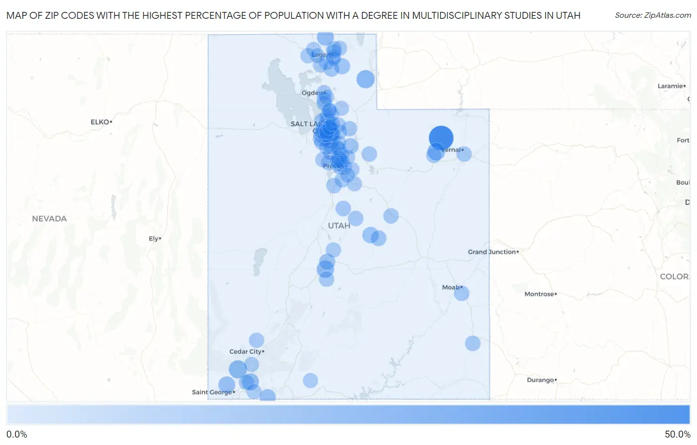Zip Codes with the Highest Percentage of Population with a Degree in Multidisciplinary Studies in Utah Map
