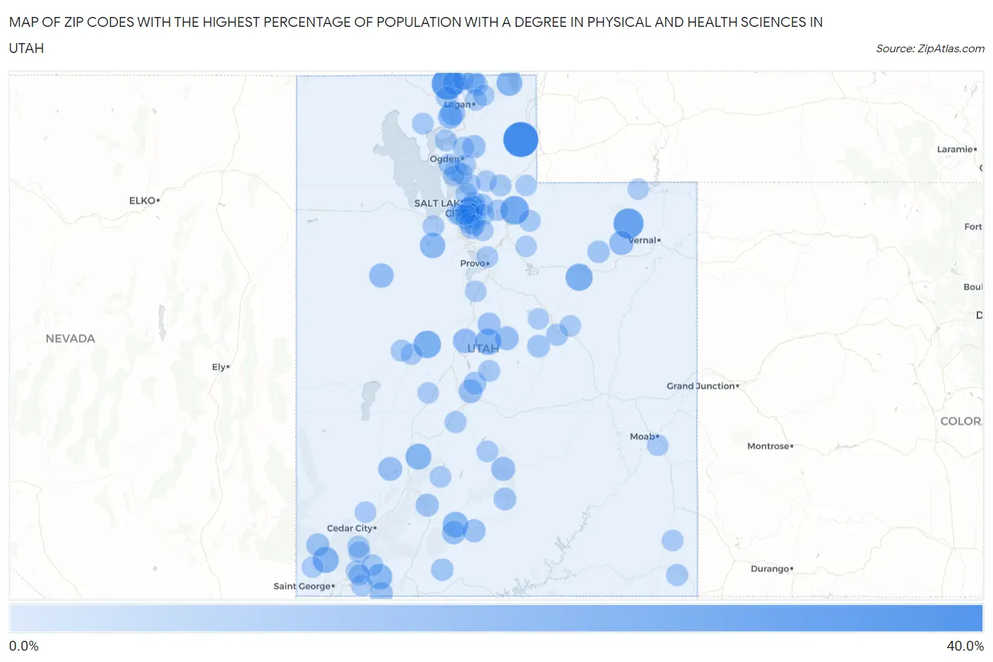 Zip Codes with the Highest Percentage of Population with a Degree in Physical and Health Sciences in Utah Map