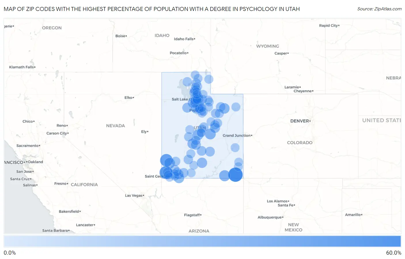 Zip Codes with the Highest Percentage of Population with a Degree in Psychology in Utah Map