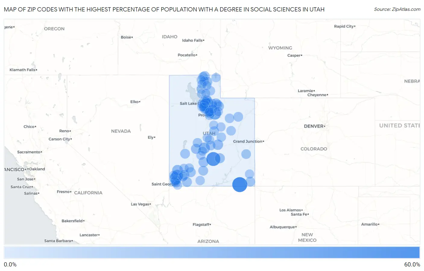 Zip Codes with the Highest Percentage of Population with a Degree in Social Sciences in Utah Map
