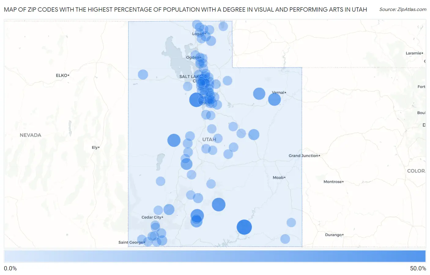 Zip Codes with the Highest Percentage of Population with a Degree in Visual and Performing Arts in Utah Map