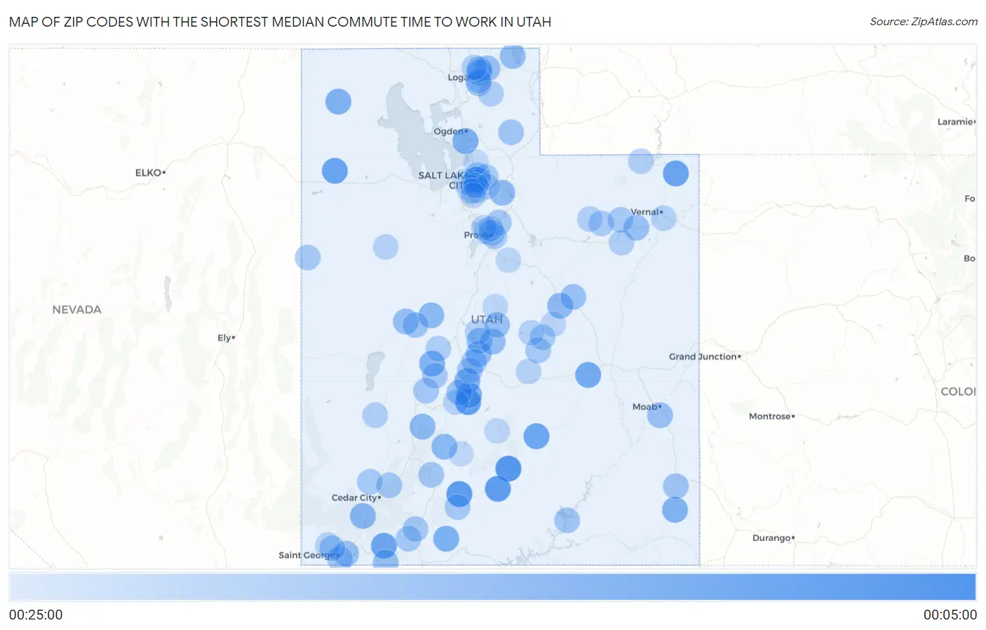 Zip Codes with the Shortest Median Commute Time to Work in Utah Map