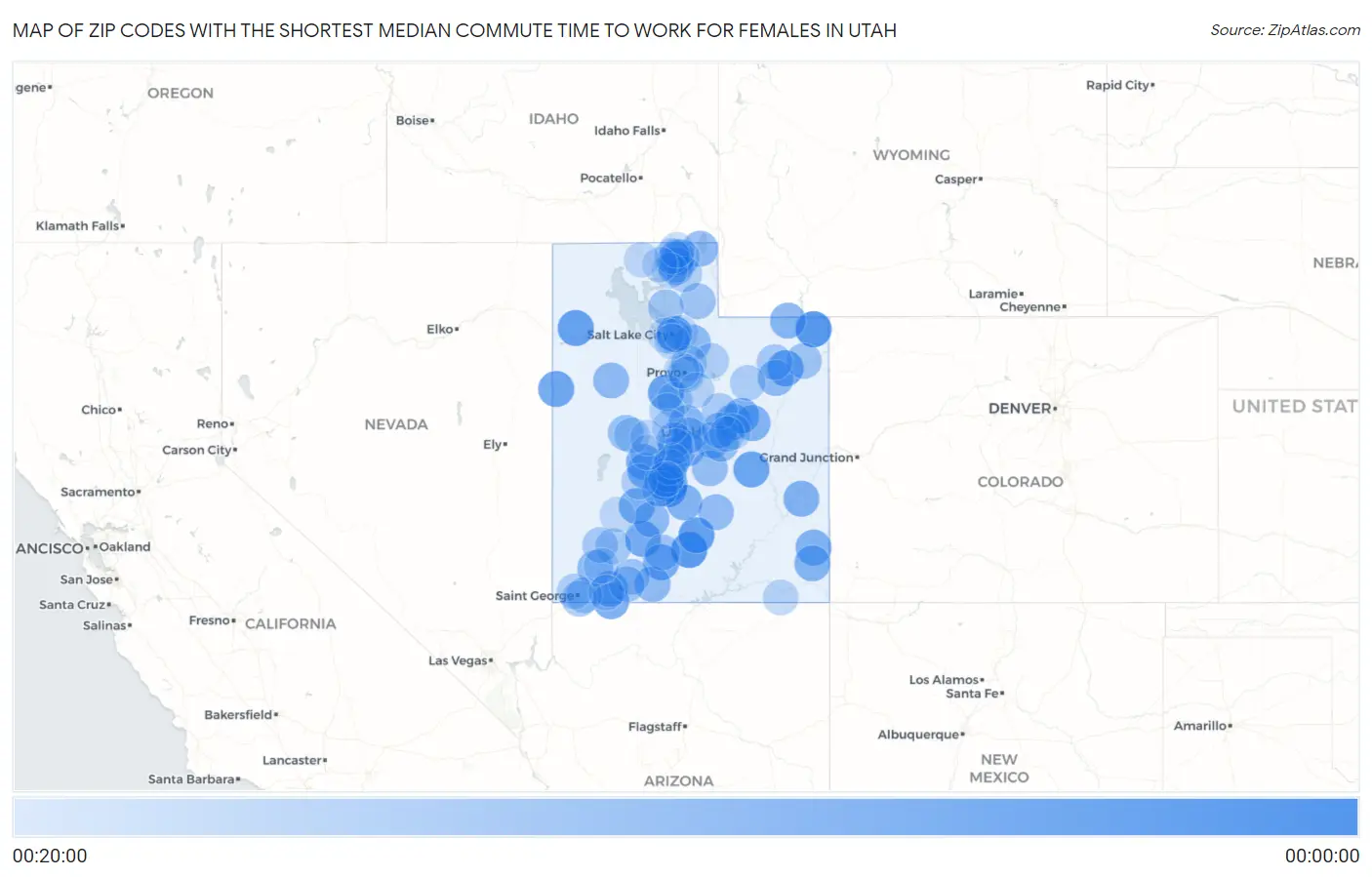 Zip Codes with the Shortest Median Commute Time to Work for Females in Utah Map