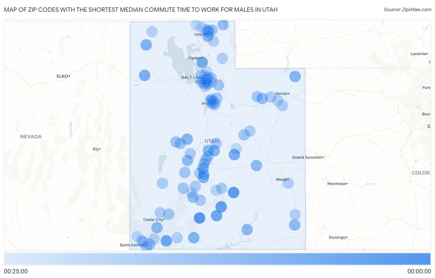 Zip Codes with the Shortest Median Commute Time to Work for Males in Utah Map