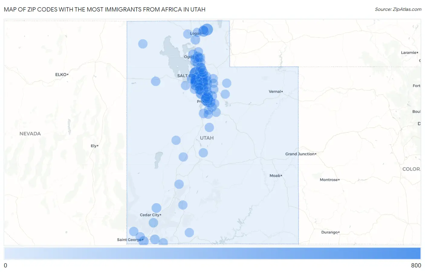 Zip Codes with the Most Immigrants from Africa in Utah Map