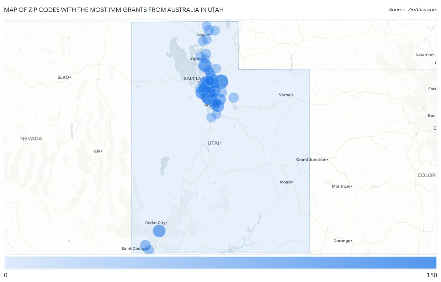 Zip Codes with the Most Immigrants from Australia in Utah Map